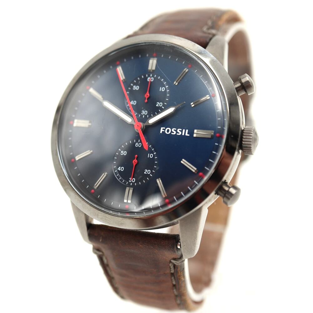 Fossil Townsman Mens Blue 44mm Chronograph Watch Brown Leather w New Battery
